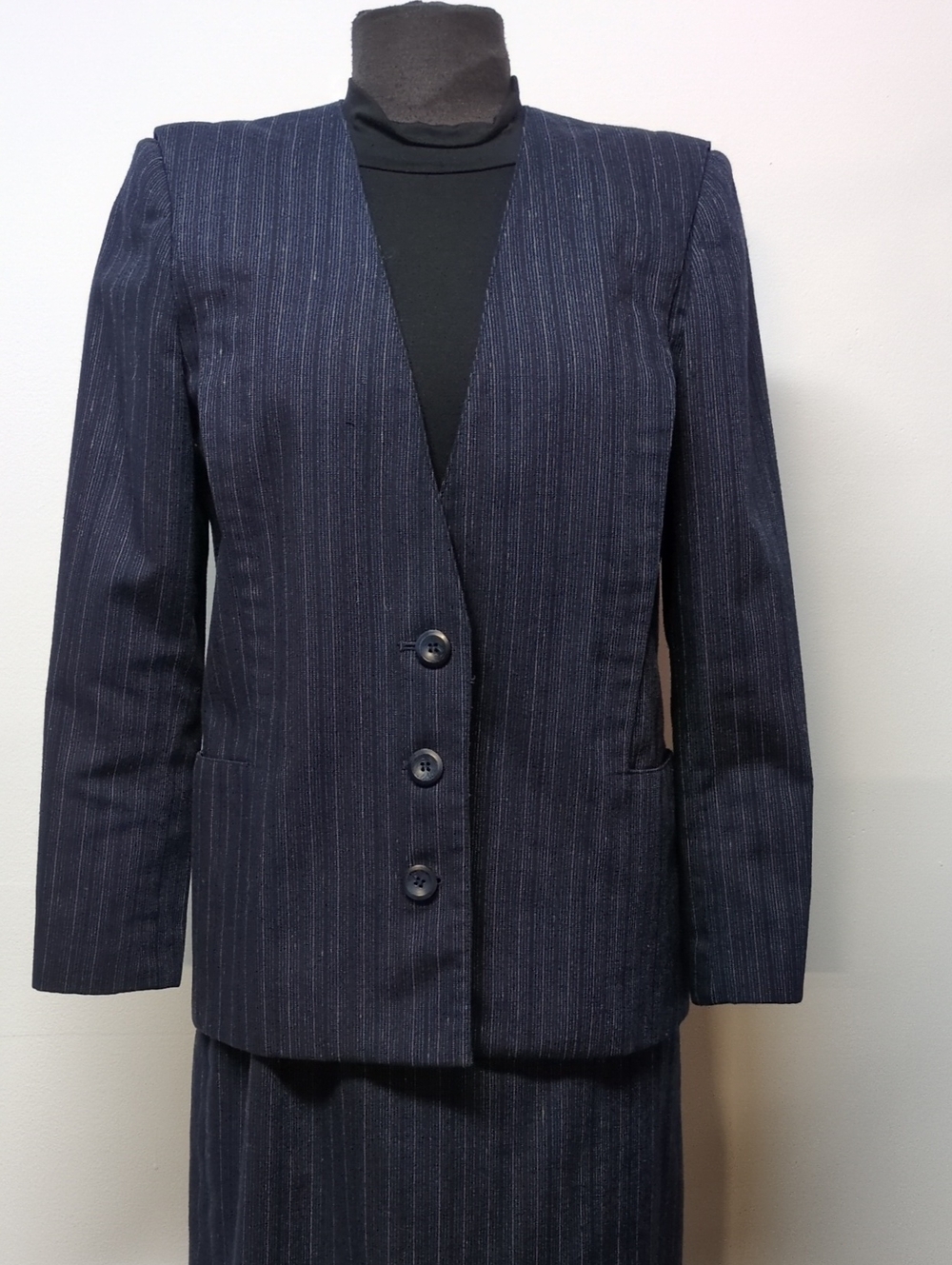 Vintage Stirling Cooper Navy Pinstripe Wool Blend Jacket Skirt Suit Size S